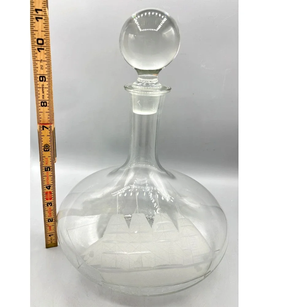 Vintage Etched Glass Ship Decanter Nautical Sailing Vessel with Ball Stopper
